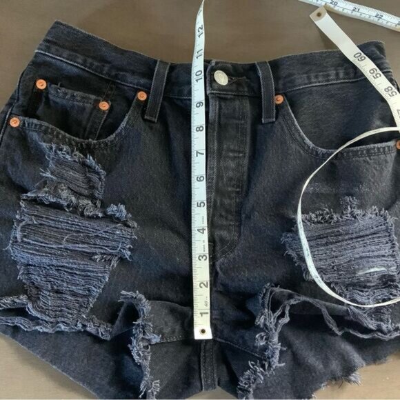 LEVI’S 501 High Waisted Button Fly Distressed Raw Hem Denim Shorts Black 28 - Picture 12 of 16
